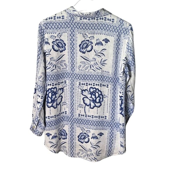 H by Halston Women’s Small Linen Blue White Floral Blouse - Picture 3 of 9